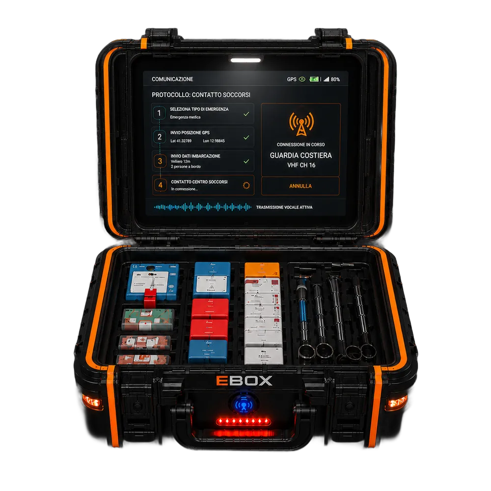 Emergency Box completamente aperto, schermo touch acceso sul menu delle emergenze