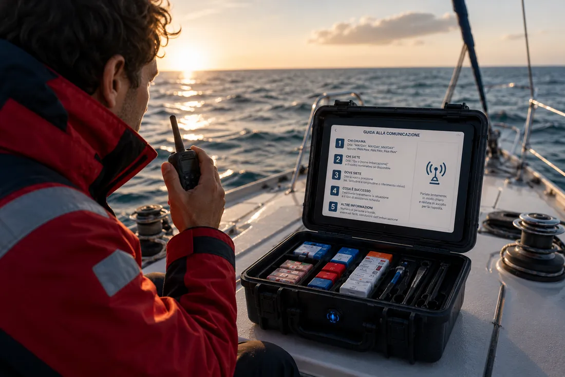Skipper con radio VHF in mano, E-BOX aperto con la guida alle comunicazioni a schermo