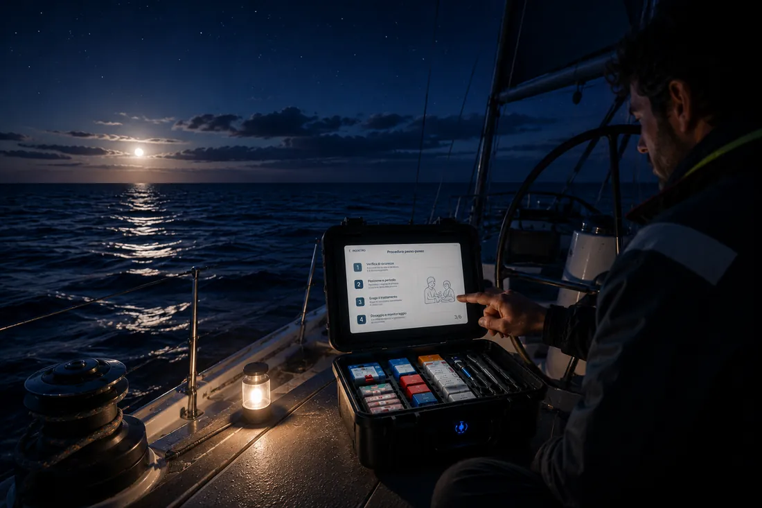 Uso notturno dell'E-BOX, schermo touch acceso con il mare al chiaro di luna