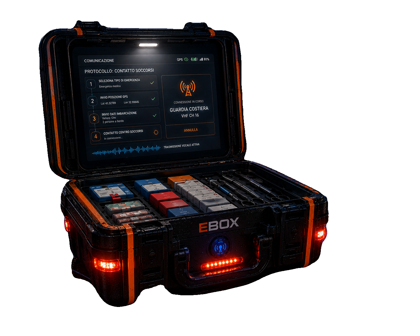 Emergency Box: la valigetta aperta con interfaccia di comunicazione attiva e LED arancioni illuminati